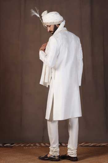 Shop_ZOOP MEN_White Silk, Cotton, Satin Hand Embroidered Sherwani Set _at_Aza_Fashions
