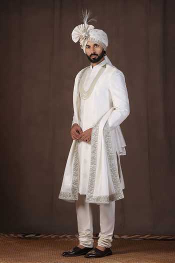 Shop_ZOOP MEN_White Silk, Cotton, Satin Hand Embroidered Sherwani Set _Online_at_Aza_Fashions