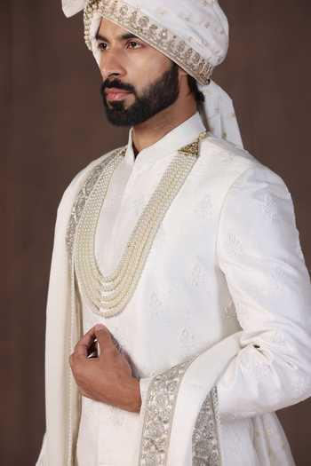 ZOOP MEN_White Silk, Cotton, Satin Hand Embroidered Sherwani Set _at_Aza_Fashions