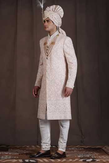 ZOOP MEN_Pink Silk, Jacquard, Cotton, Satin Hand Embroidered Sherwani Set _Online_at_Aza_Fashions