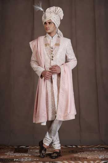 Buy_ZOOP MEN_Pink Silk, Jacquard, Cotton, Satin Hand Embroidered Sherwani Set _at_Aza_Fashions