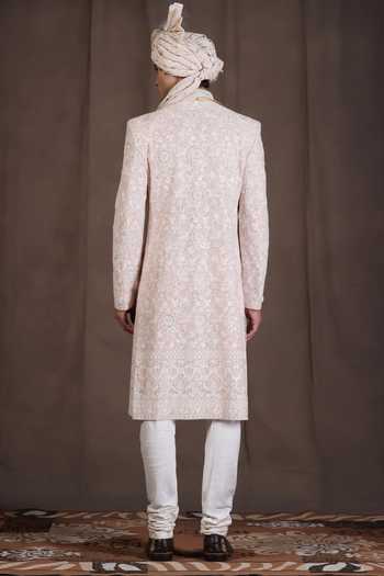 Shop_ZOOP MEN_Pink Silk, Jacquard, Cotton, Satin Hand Embroidered Sherwani Set _at_Aza_Fashions
