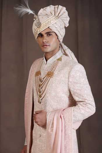 Shop_ZOOP MEN_Pink Silk, Jacquard, Cotton, Satin Hand Embroidered Sherwani Set _Online_at_Aza_Fashions