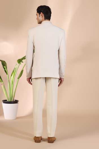 Shop_ZOOP MEN_Cream Silk, Satin, Lycra Pearls Thread Embroidered Bandhgala Set _at_Aza_Fashions