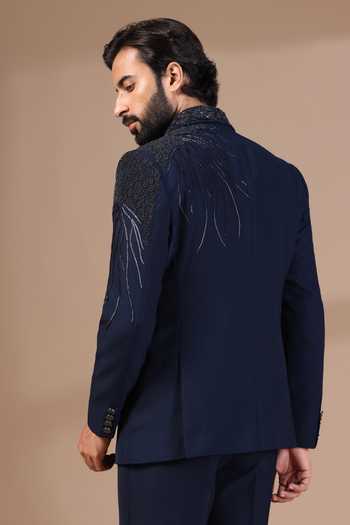 Shop_ZOOP MEN_Navy Jacquard, Rayon , Cut Work, Thread Hand Tuxedo Set _at_Aza_Fashions