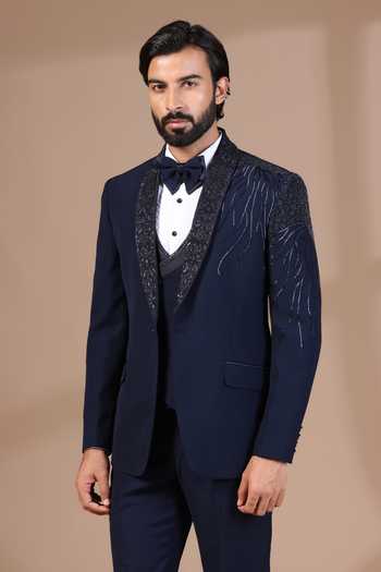 ZOOP MEN_Navy Jacquard, Rayon , Cut Work, Thread Hand Tuxedo Set _Online_at_Aza_Fashions