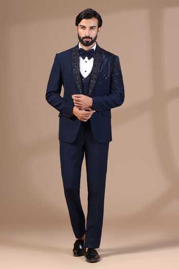 Buy_ZOOP MEN_Navy Jacquard, Rayon , Cut Work, Thread Hand Tuxedo Set _at_Aza_Fashions