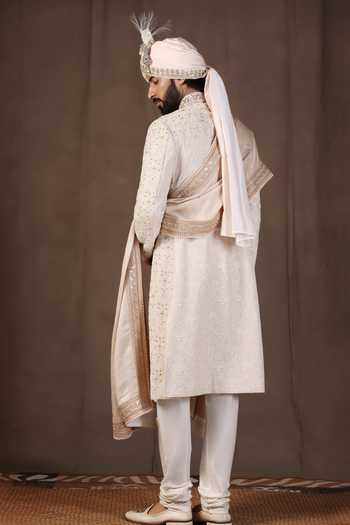 Shop_ZOOP MEN_Cream Silk, Jacquard, Cotton, Satin Hand Embroidered Sherwani Set _at_Aza_Fashions