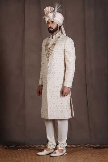 ZOOP MEN_Cream Silk, Jacquard, Cotton, Satin Hand Embroidered Sherwani Set _Online_at_Aza_Fashions