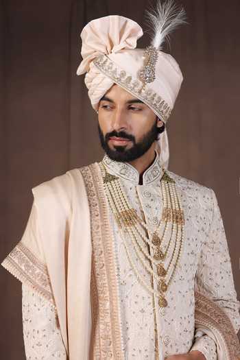 Buy_ZOOP MEN_Cream Silk, Jacquard, Cotton, Satin Hand Embroidered Sherwani Set _Online_at_Aza_Fashions