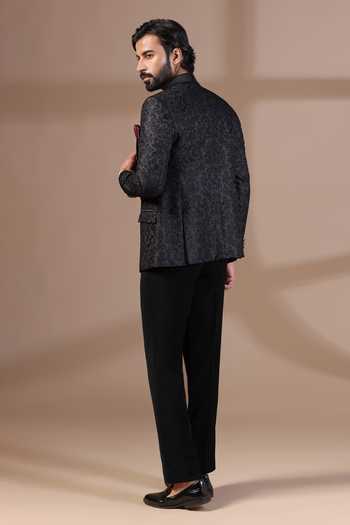 Shop_ZOOP MEN_Black Jacquard, Rayon Embroidery Thread Tuxedo Set _at_Aza_Fashions