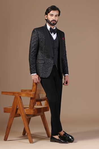 Buy_ZOOP MEN_Black Jacquard, Rayon Embroidery Thread Tuxedo Set _at_Aza_Fashions
