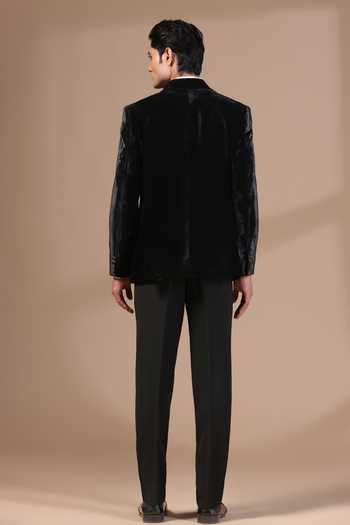 Shop_ZOOP MEN_Black Satin, Rayon Chains, Brooches Velvet Tuxedo Set _at_Aza_Fashions