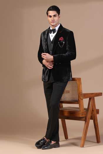 Buy_ZOOP MEN_Black Satin, Rayon Chains, Brooches Velvet Tuxedo Set _at_Aza_Fashions