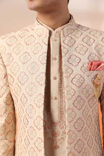 ZOOP MEN_Peach Jacquard, Cotton, Polyester, Silk Embroidered Sherwani Kurta Set _at_Aza_Fashions