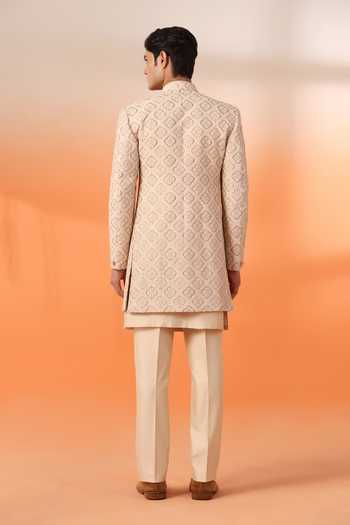 Shop_ZOOP MEN_Peach Jacquard, Cotton, Polyester, Silk Embroidered Sherwani Kurta Set _at_Aza_Fashions