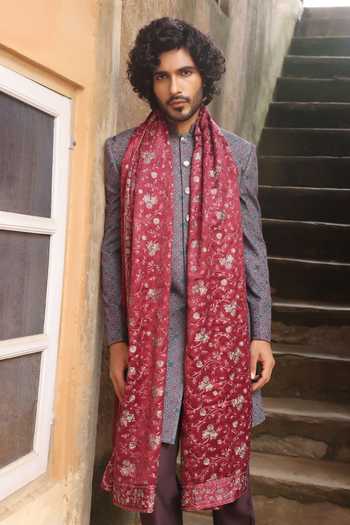 Buy_ZOOP MEN_Grey Jacquard, Cotton, Polyester, Silk Thread Embroidered Sherwani Set _Online_at_Aza_Fashions