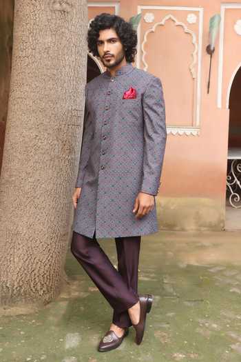 Shop_ZOOP MEN_Grey Jacquard, Cotton, Polyester, Silk Thread Embroidered Sherwani Set _at_Aza_Fashions