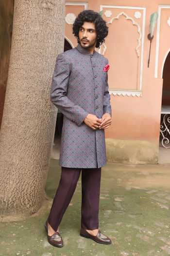 Shop_ZOOP MEN_Grey Jacquard, Cotton, Polyester, Silk Thread Embroidered Sherwani Set _Online_at_Aza_Fashions