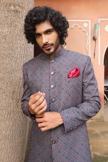 ZOOP MEN_Grey Jacquard, Cotton, Polyester, Silk Thread Embroidered Sherwani Set _at_Aza_Fashions