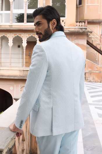 Shop_ZOOP MEN_Sky Blue Jacquard, Rayon Shawl Lapel Weaved Tuxedo Set _at_Aza_Fashions