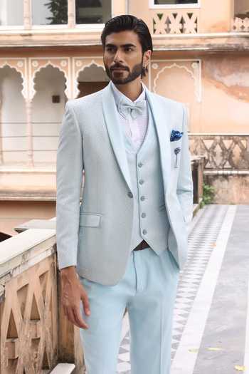 ZOOP MEN_Sky Blue Jacquard, Rayon Shawl Lapel Weaved Tuxedo Set _Online_at_Aza_Fashions