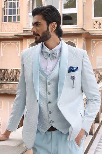 Shop_ZOOP MEN_Sky Blue Jacquard, Rayon Shawl Lapel Weaved Tuxedo Set _Online_at_Aza_Fashions