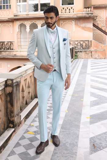 ZOOP MEN_Sky Blue Jacquard, Rayon Shawl Lapel Weaved Tuxedo Set _at_Aza_Fashions