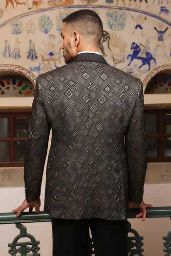 Shop_ZOOP MEN_Black Jacquard, Rayon Embossed Tuxedo Set _at_Aza_Fashions