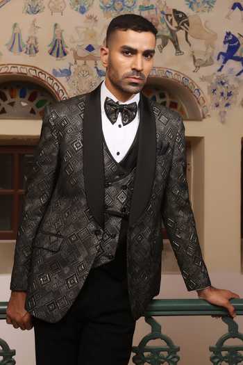ZOOP MEN_Black Jacquard, Rayon Embossed Tuxedo Set _Online_at_Aza_Fashions