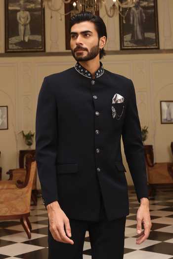 Zoop Men_Black Silk, Satin, Lycra Embroidery Collar Bandhgala And Trouser Set _Online_at_Aza_Fashions
