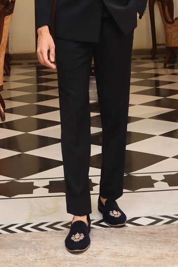 Buy_Zoop Men_Black Silk, Satin, Lycra Embroidery Collar Bandhgala And Trouser Set _Online_at_Aza_Fashions