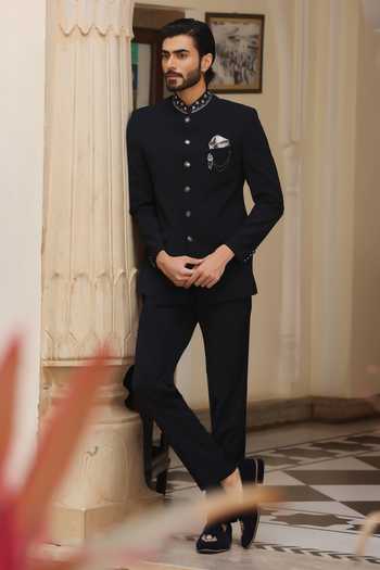 Shop_Zoop Men_Black Silk, Satin, Lycra Embroidery Collar Bandhgala And Trouser Set _Online_at_Aza_Fashions