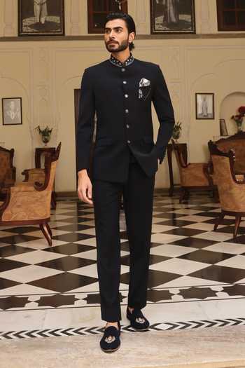 Buy_Zoop Men_Black Silk, Satin, Lycra Embroidery Collar Bandhgala And Trouser Set _at_Aza_Fashions