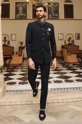 Shop_Zoop Men_Black Silk, Satin, Lycra Embroidery Collar Bandhgala And Trouser Set _at_Aza_Fashions