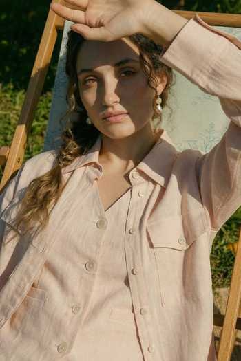 House Of Fett_Peach Cotton, Linen Button-down Neck, Blend Shirt And Shorts Set _Online_at_Aza_Fashions