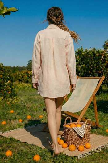 Shop_House Of Fett_Peach Cotton, Linen Button-down Neck, Blend Shirt And Shorts Set _at_Aza_Fashions