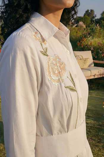 House Of Fett_White Cotton, Twill Button-down Neck Embroidered Shirt Skirt Set _Online_at_Aza_Fashions