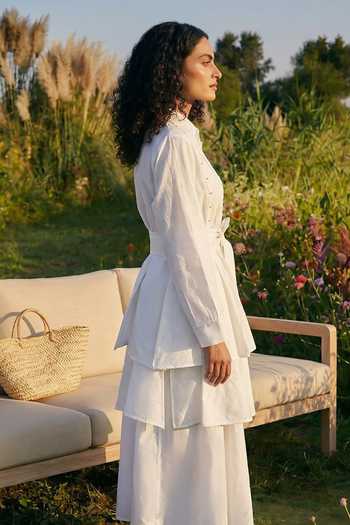 Buy_House Of Fett_White Cotton, Twill Button-down Neck Embroidered Shirt Skirt Set _Online_at_Aza_Fashions
