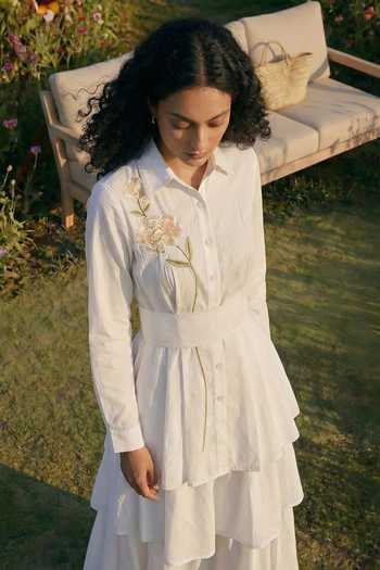Shop_House Of Fett_White Cotton, Twill Button-down Neck Embroidered Shirt Skirt Set _Online_at_Aza_Fashions