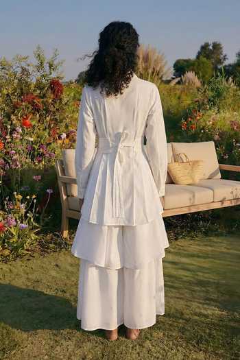Shop_House Of Fett_White Cotton, Twill Button-down Neck Embroidered Shirt Skirt Set _at_Aza_Fashions