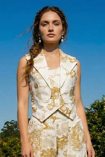 House Of Fett_Ivory Cotton Notched Neck Abstract Print Jacket And Pant Set _Online_at_Aza_Fashions