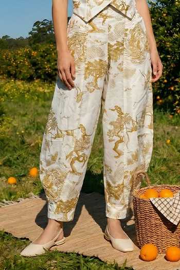 Buy_House Of Fett_Ivory Cotton Notched Neck Abstract Print Jacket And Pant Set _Online_at_Aza_Fashions