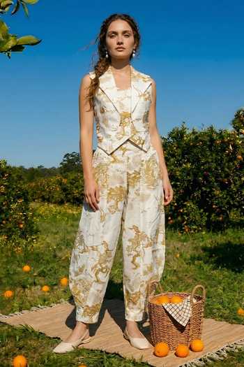 Buy_House Of Fett_Ivory Cotton Notched Neck Abstract Print Jacket And Pant Set _at_Aza_Fashions