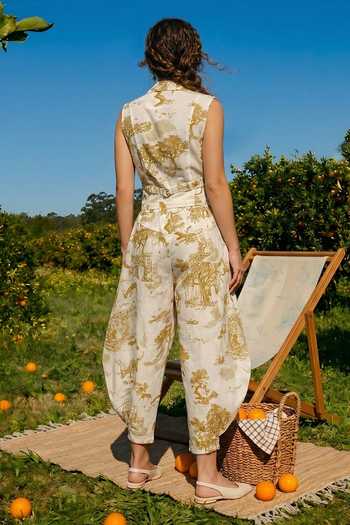 Shop_House Of Fett_Ivory Cotton Notched Neck Abstract Print Jacket And Pant Set _at_Aza_Fashions
