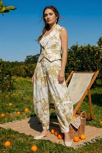 House Of Fett_Ivory Cotton Notched Neck Abstract Print Jacket And Pant Set _at_Aza_Fashions