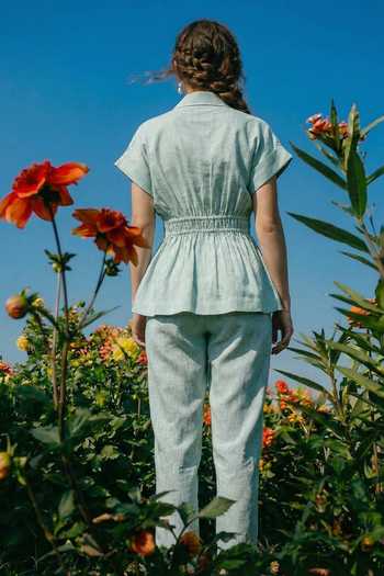 Shop_House Of Fett_Green Cotton, Linen Collared Tie-up Shirt And Pant Set _at_Aza_Fashions