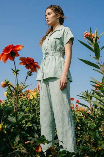 House Of Fett_Green Cotton, Linen Collared Tie-up Shirt And Pant Set _Online_at_Aza_Fashions