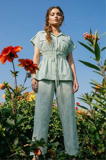 Buy_House Of Fett_Green Cotton, Linen Collared Tie-up Shirt And Pant Set _at_Aza_Fashions