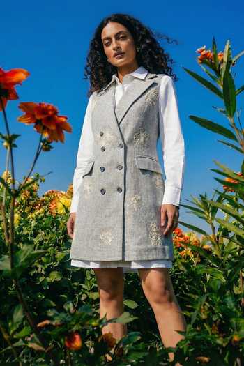 Buy_House Of Fett_Grey Cotton, Linen Collared Floral Embroidered Jacket And Dress Set _at_Aza_Fashions